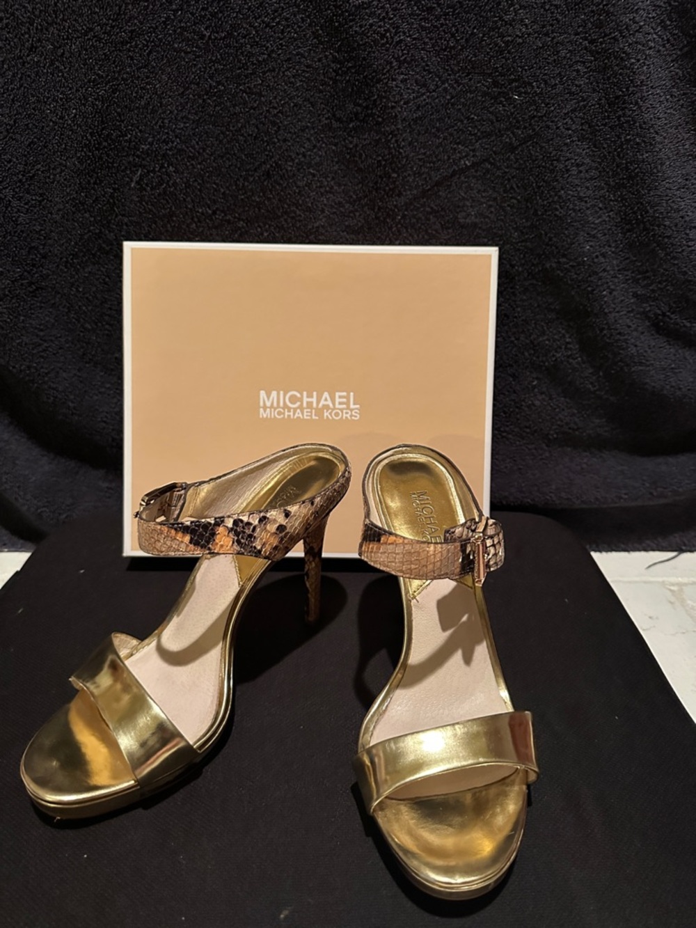 MICHAEL Michael Kors Gold Snake-Print Ankle-Strap Heels